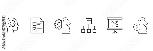 Business strategy icon set. Corporate planning and development related line icons: goal, mission, roadmap, target, analysis, innovation, planning and more. Vector illustration.