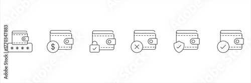 Wallet web line icons. A collection of linear icons representing wallet concepts, security, payment, mobile wallet and more.