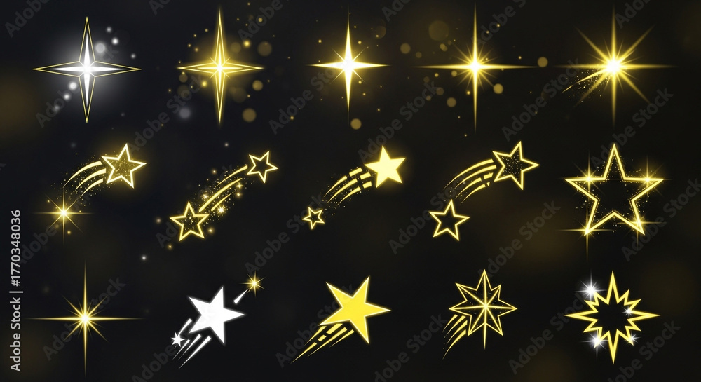 Fototapeta premium Dazzling golden starbursts and shooting star trails illuminate a dark, magical night sky, perfect for celebrations and festive designs