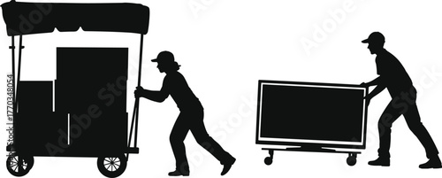 Vector silhouette illustration of two people pushing carts with goods for logistics concept, manual labor theme, and transportation design layout