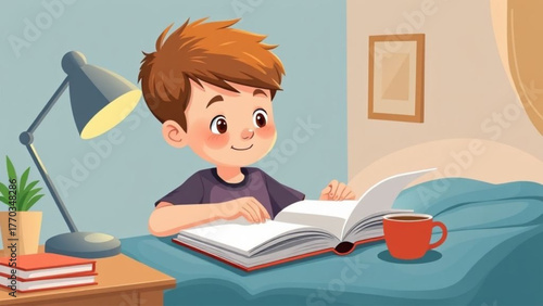 Little boy child studying a book for school and learning with homework vector