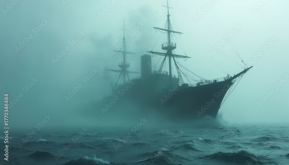 Fototapeta premium Illustration of a ghost ship sailing through the sea mist. A dark vessel emerges from fog over a wavy ocean creating eerie atmosphere. Moody maritime scene of a haunted warship.