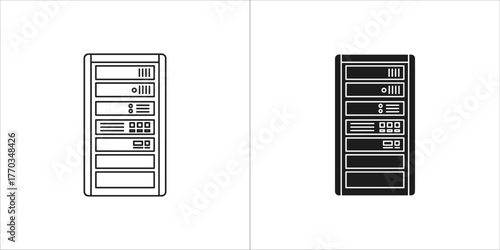 Server rack in outline and solid black icon