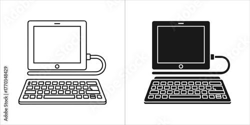 Tablet computer and keyboard icon, black and white line art and solid silhouette versions