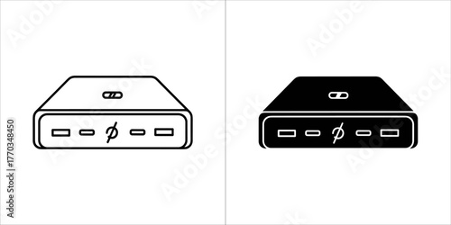 Two icons of a portable power bank, one in black outline and the other in solid black silhouette, on a