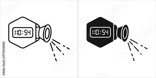 Outline and solid black icon of a video camera with time display