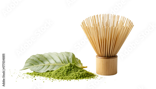 Natural Bamboo Matcha Whisk with Single Leaf Isolated PNG Clipart.
