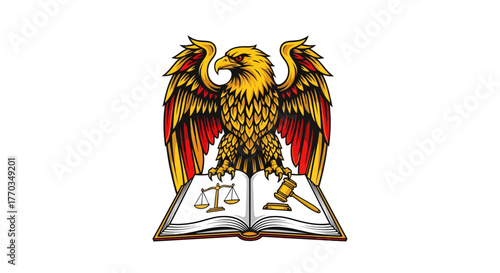 Majestic golden eagle symbol of justice and legal power perched on open law book with gavel and scales