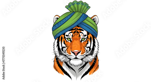 Majestic tiger wearing a vibrant green and blue turban, exuding regal power and exotic flair for captivating designs