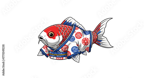 Vibrant red and white koi fish gracefully wears a traditional Japanese kimono featuring intricate floral patterns, symbolizing good fortune and prosperity.