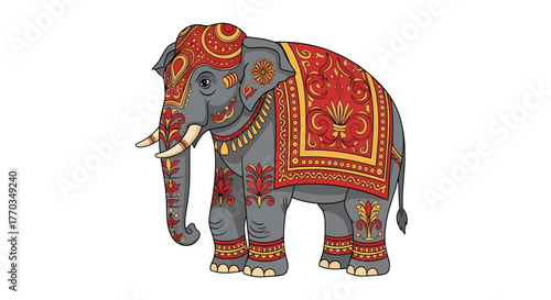 Majestic elephant adorned with vibrant, traditional Indian cultural textiles and ornate patterns, symbolizing heritage and celebration.