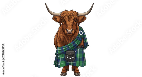 Majestic Highland cow proudly sports traditional tartan kilt and sporran evoking Scottish heritage and charm