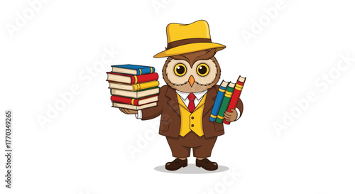 Wise owl scholar dressed in formal attire carries stack of colorful books for educational concept