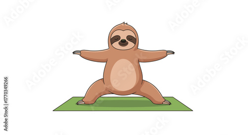 Adorable cartoon sloth gracefully practicing yoga on a green mat, embracing mindfulness and relaxation in a charming, playful style