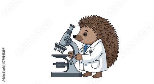 Adorable hedgehog scientist in lab coat peers intently through a microscope, exploring the wonders of science with curiosity and intelligence