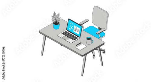 Modern minimalist workspace setup with laptop, coffee, and plant creates productive atmosphere