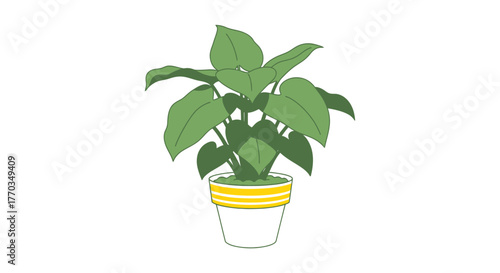 Vibrant green houseplant thrives in a stylish white pot with cheerful yellow stripes, bringing natural beauty and fresh energy to any modern interior design project.