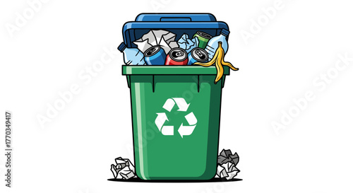 Bright green recycling bin overflowing with plastic bottles, aluminum cans, paper waste, and a banana peel, promoting eco-friendly waste management solutions