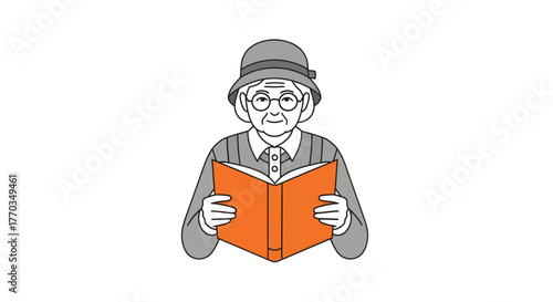 Joyful elderly woman with glasses and hat engrossed in reading an open book, conveying wisdom and peaceful leisure time
