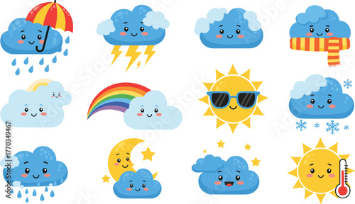 Cartoon weather icons, cute cloud faces, sunny and rainy expressions, playful forecast symbols, children’s weather graphics, fun climate illustrations