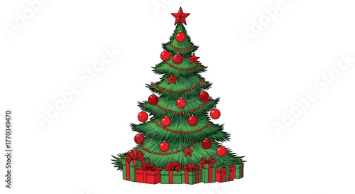 Festive Christmas tree adorned with red ornaments and presents below, ready to bring holiday cheer and seasonal celebration to any project.