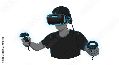 Immersive virtual reality gamer actively engaging with digital worlds using advanced headset and glowing controllers for ultimate gaming experience