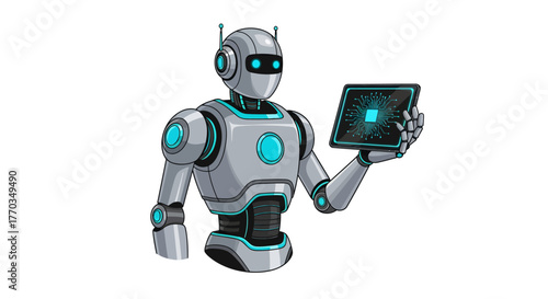 Futuristic robot holding a tablet displaying a digital circuit board, symbolizing advanced technology and artificial intelligence in modern innovation.