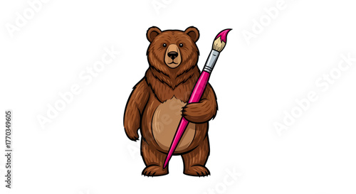 Whimsical bear artist ready to paint a masterpiece with a vibrant pink brush, perfect for children's books, creative projects, and fun designs