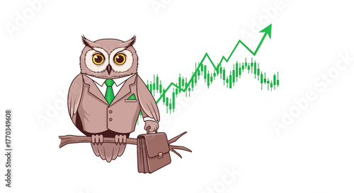 Wise investor owl in suit holding briefcase watching rising stock market trends, representing financial success and smart investments for your business