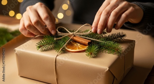 Hands wrapping gift with natural decorations on wooden table  