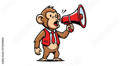 Funny monkey mascot cartoon character shouting into a megaphone wearing business attire, ideal for marketing, announcements, or playful branding campaigns