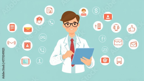 A modern businesswoman and a woman doctor use a tablet to press a social network icon for communication and technology concepts