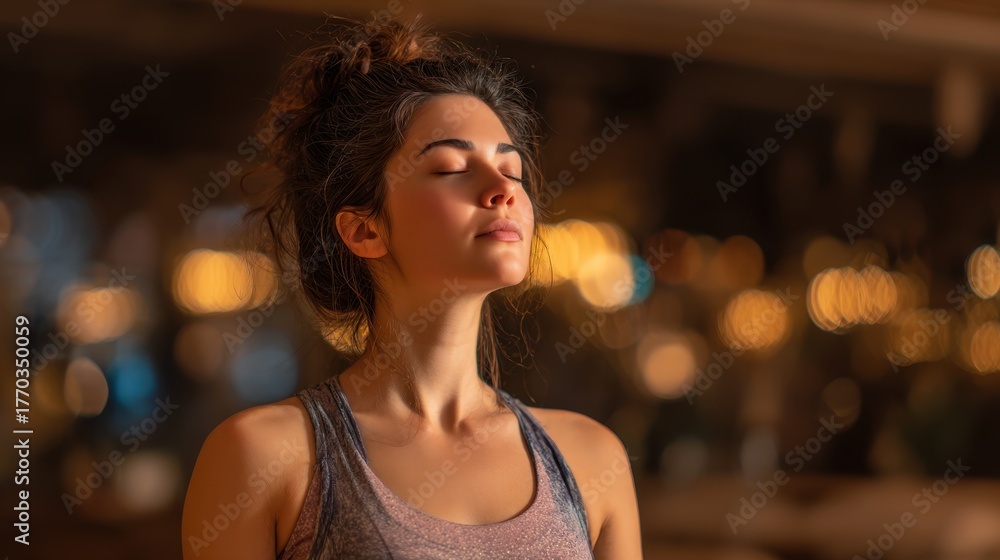 Fototapeta premium Peaceful young woman practicing mindfulness and meditation in a serene indoor environment with warm ambient lights for relaxation and self-discovery
