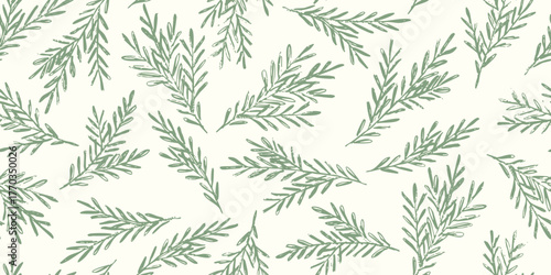 Minimal christmas seamless pattern with pine branches. Flat hand drawn vector illustration