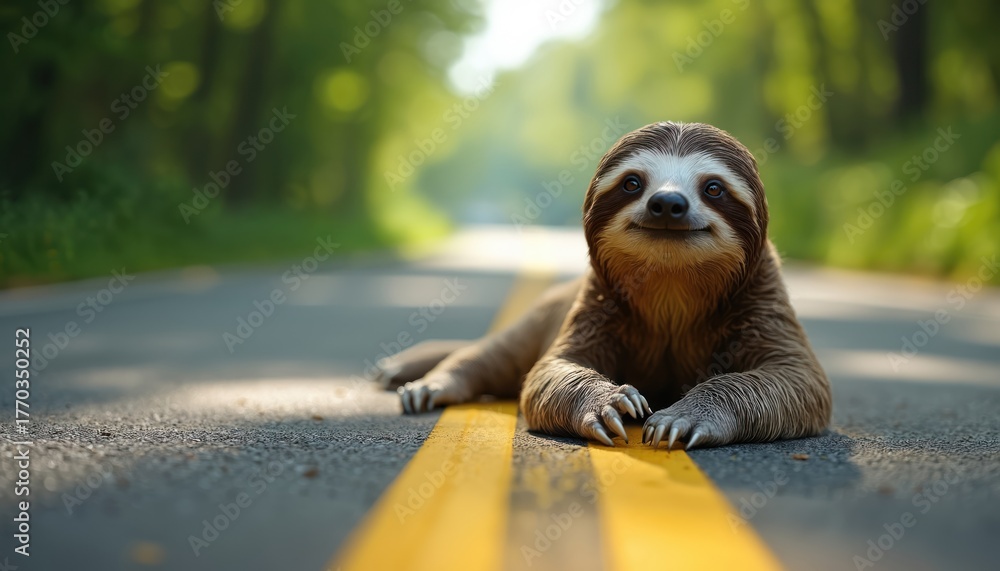 Obraz premium Sloth lies on asphalt road with paws on yellow line. Brown fur and white face visible. Blurred greenery in background. Slow animal relaxing on roadway. Claws grip yellow marking.