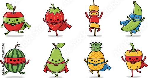 Superhero fruits and vegetables, cartoon healthy food, kids nutrition characters, fun produce illustration, colorful capes, smiling faces, playful design, educational graphics
