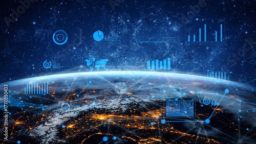 Foto This captivating image illustrates the Earth surface illuminated at night, surrounded by data visualizations and analytics symbols symbolizing global connectivity and trends
