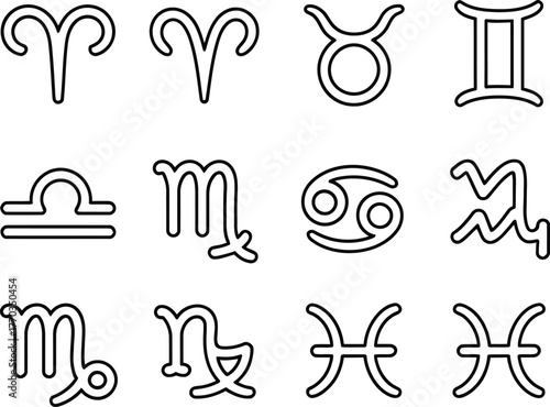 Grid Of Twelve Zodiac Symbols With Outline astrology