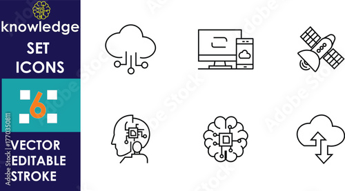 A collection of six linear knowledge and technology icons featuring cloud computing,brain, satellite, neural network, and data synchronization in modern editable vector style