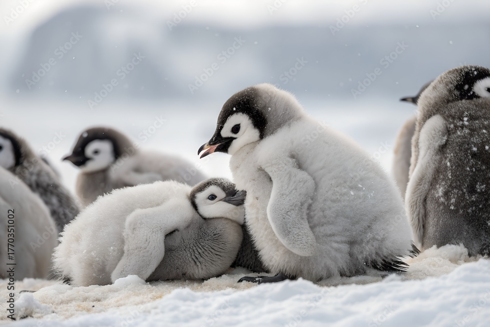 Fototapeta premium A group of fluffy emperor penguin chicks huddle together in a snowy antarctic landscape showcasing their downy feathers and curious expressions