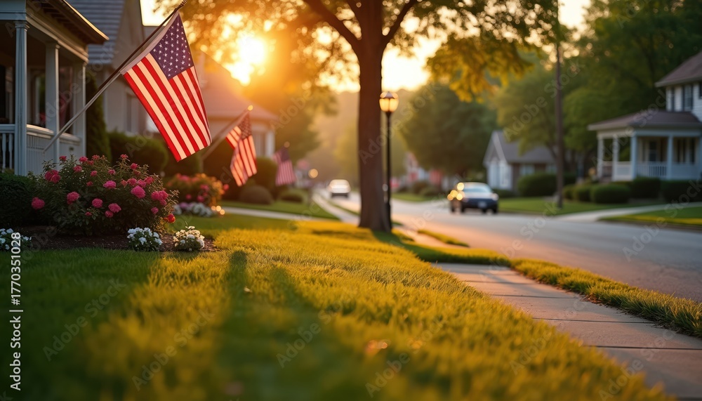 Obraz premium American flags fly on suburban street at sunset. Warm golden light shines on houses, lawns, trees, and cars driving by. Peaceful neighborhood scene.