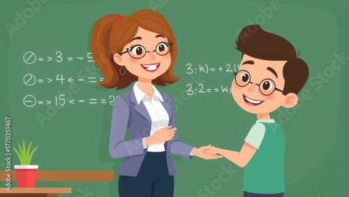 A woman teacher is giving a lesson to a group of students in a classroom with a chalkboard