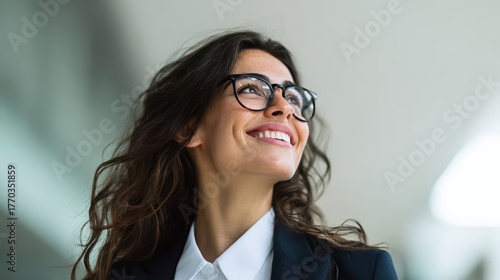 Young, smiling business woman with glasses looking up optimistically, embodying ambition and future vision.