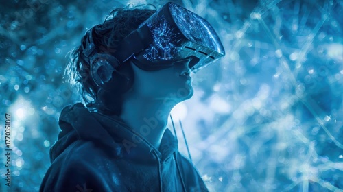 Immersive virtual reality experience with a person wearing a glowing VR headset in a futuristic digital environment