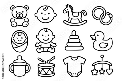 Baby and baby toys icon set in doodle style vector illustration
