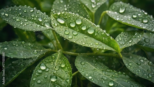 Closeup of vibrant green leaves adorned with glistening water droplets