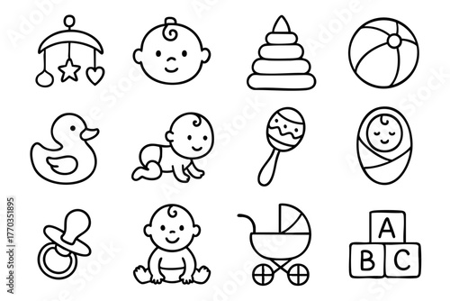 Baby and baby toys icon set in doodle style vector illustration