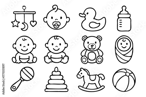 Baby and baby toys icon set in doodle style vector illustration