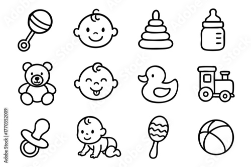Baby and baby toys icon set in doodle style vector illustration