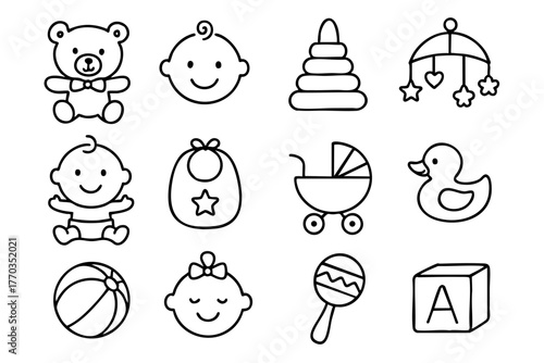 Baby and baby toys icon set in doodle style vector illustration